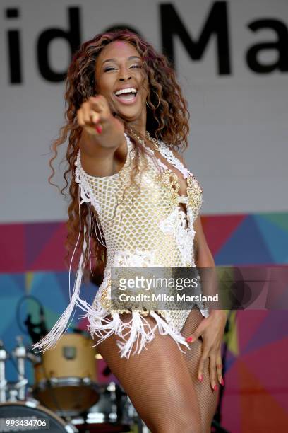 Alexandra Burke performs on the Trafalgar Square Stage during Pride In London on July 7, 2018 in London, England. It is estimated over 1 million...