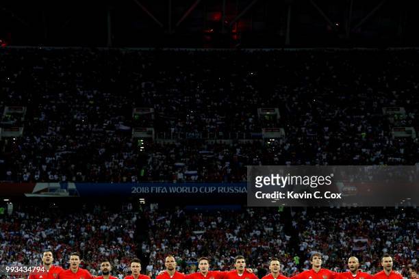 Russia line up prior to during the 2018 FIFA World Cup Russia Quarter Final match between Russia and Croatia at Fisht Stadium on July 7, 2018 in...