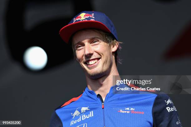 Brendon Hartley of New Zealand and Scuderia Toro Rosso talks to fans on the Fan Stage after qualifying for the Formula One Grand Prix of Great...