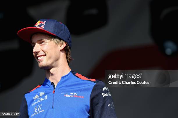 Brendon Hartley of New Zealand and Scuderia Toro Rosso talks to fans on the Fan Stage after qualifying for the Formula One Grand Prix of Great...