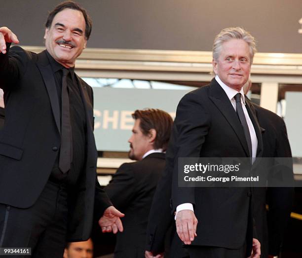 Director Oliver Stone and actor Michael Douglas attend the Premiere of 'Wall Street: Money Never Sleeps' held at the Palais des Festivals during the...