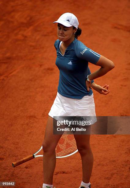 Martina Hingis of Switzerland throws down her racket in her Semi final match against Jennifer Capriati of the USA during the French Open Tennis at...