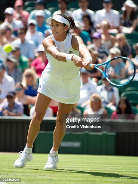 Garbine Muguruza of Spain during her first round match against Naomi Broady of Great Britain on day two of the Wimbledon Lawn Tennis Championships at...