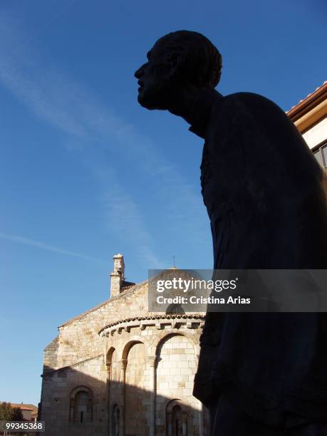 Monument to the fellow members of the Holy Week in front of Romanesque chuch of San Juan de Puerta Nueva, Zamora, Castilla y León, Spain, , .