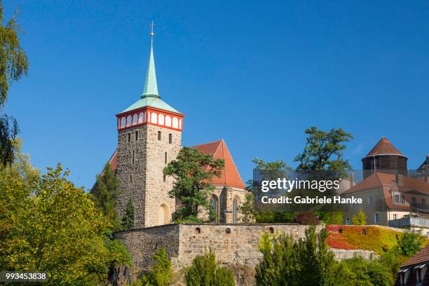 city walls near the spree river with st michael's church and the water tower, bautzen, saxony, germany - bautzen stock pictures, royalty-free photos & images