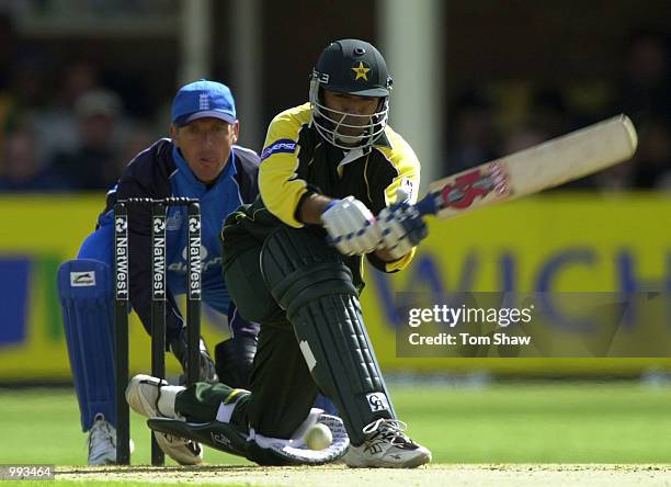 Saeed Anwar of Pakistan prepares to sweep the ball on his way to 77 runs during the first England v Pakistan NatWest One Day International at...