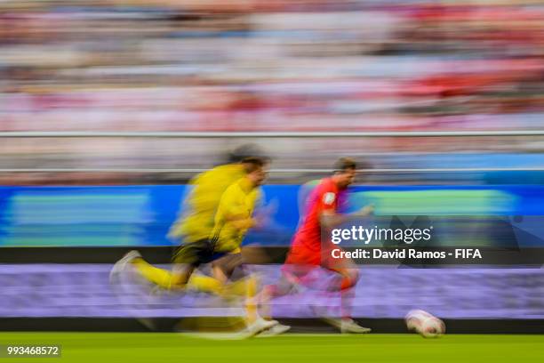 Harry Kane of England runs with the ball during the 2018 FIFA World Cup Russia Quarter Final match between Sweden and England at Samara Arena on July...