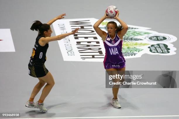 Hannah Joseph of Lightning in action during the Vitality Netball Superleague Grand Final between Loughborough Lightning and Wasps at Copper Box Arena...