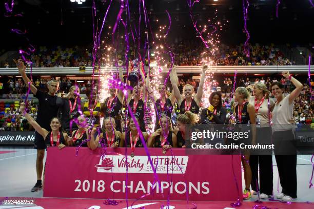 The Wasps team celebrate during the Vitality Netball Superleague Grand Final between Loughborough Lightning and Wasps at Copper Box Arena on July 7,...