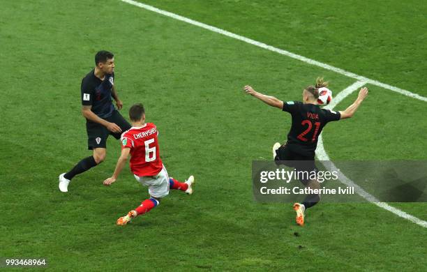 Denis Cheryshev of Russia scores his team's first goal during the 2018 FIFA World Cup Russia Quarter Final match between Russia and Croatia at Fisht...