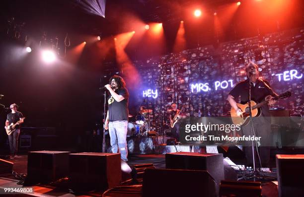 Dan Vickrey, Adam Duritz, Jim Bogios, Millard Powers and David Immergluck of Counting Crows performs during the band's 25th Anniversary Tour at...