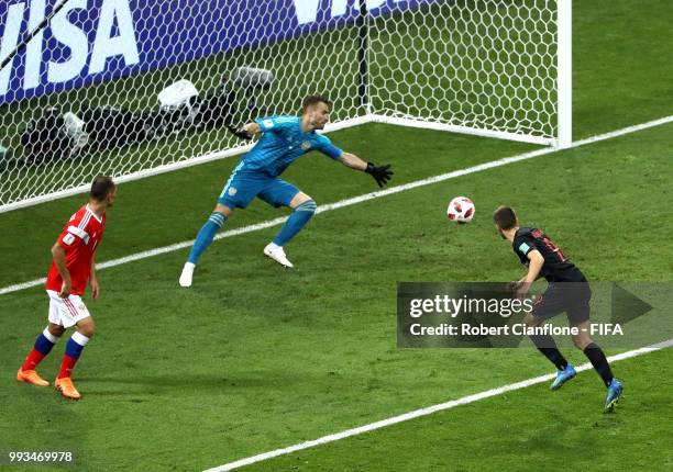 Andrej Kramaric of Croatia scores his team's first goal during the 2018 FIFA World Cup Russia Quarter Final match between Russia and Croatia at Fisht...