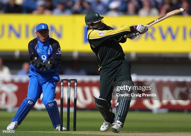 Inzamam-ul-Haq of Pakistan in action with Alec Stewart of England behind the stumps during the Natwest one day series match between England and...