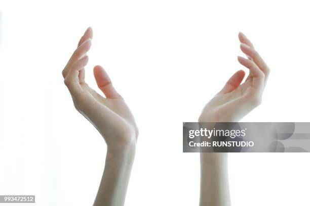 cropped hands of woman gesturing against white background - runstudio foto e immagini stock