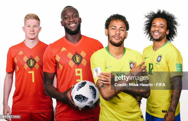 In this composite image a comparison has been made between Kevin De Bruyne with Romelu Lukaku of Belgium and Neymar Jr with Marcelo of Brazil poses...