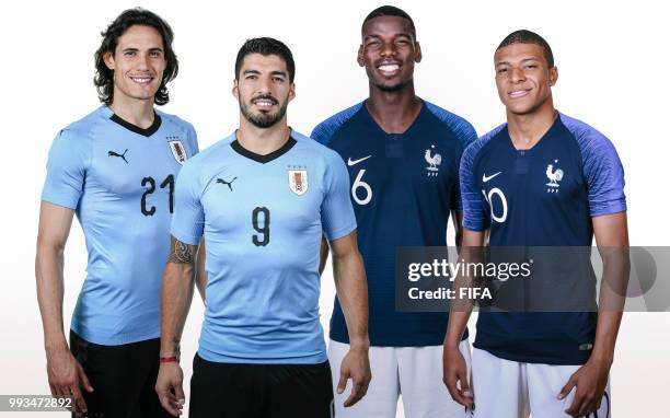 In this composite image a comparison has been made between Edinson Cavani, Luis Suarez of Uruguay and Paul Pogba,Kylian Mbappe of France pose for a...