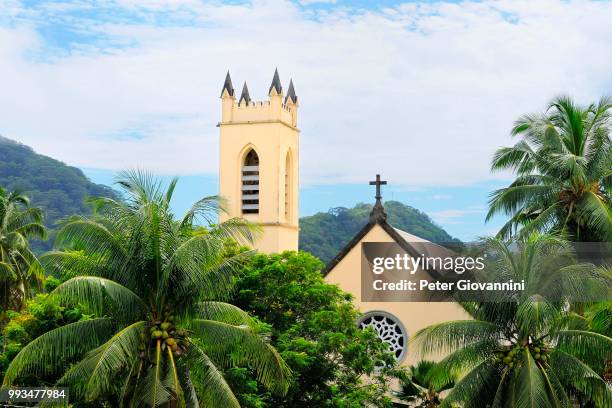 the church of saint roche, beau vallon bay, mahe, seychelles - beau stock pictures, royalty-free photos & images