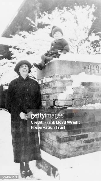 Hazel and Elizabeth Wright in front of the Studio, address number 949 on brick pillar, at the Frank Lloyd Wright Home and Studio, located at 951...