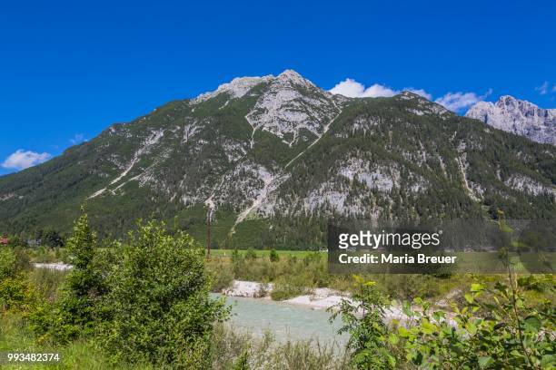 hiking area leutasch in tyrol, ache stream, gehrenspitze 2367m, wetterstein, tyrol, austria - werdenfelser land stock pictures, royalty-free photos & images