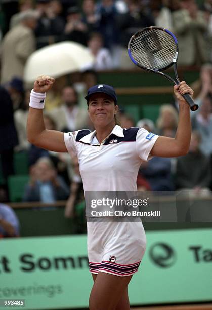 Jennifer Capriati of the USA celebrates after winning her Semi final match against Martina Hingis of Switzerland during the French Open Tennis at...