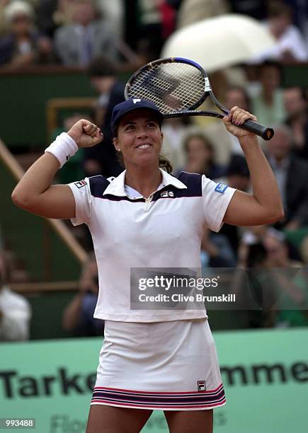 Jennifer Capriati of the USA celebrates after winning her Semi final match against Martina Hingis of Switzerland during the French Open Tennis at...