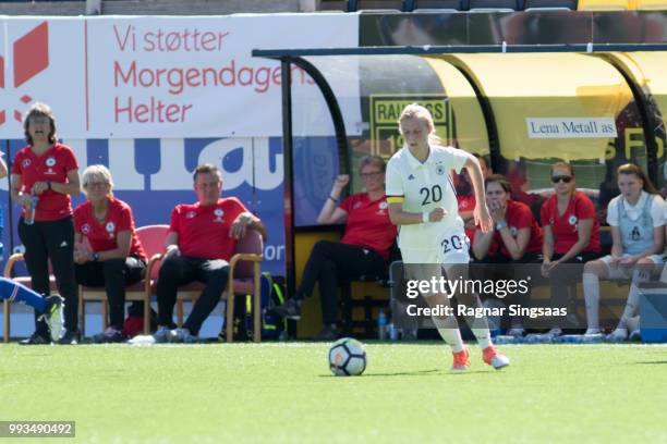 Sophie Krall of Germany controls the ball during the Germany U16 Girl's v Iceland U16 Girl's - Nordic Cup on July 4, 2018 in Raufoss, Norway.