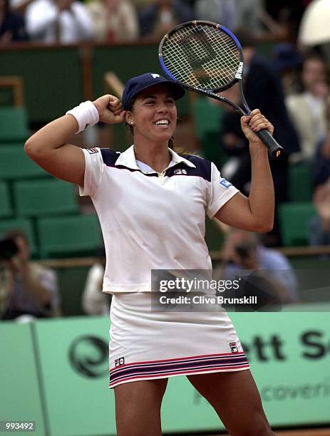 Jennifer Capriati of the USA celebrates after winning her Semi final match against Martina Hingis of Switzerland during the French Open Tennis at...