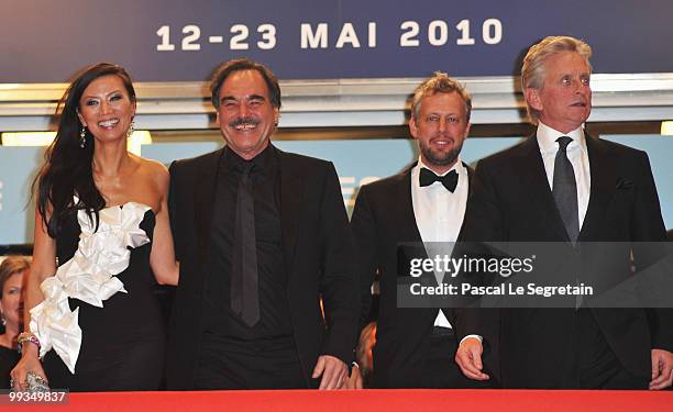 Director Oliver Stone and actor Michael Douglas and guests attend the "Wall Street: Money Never Sleeps" Premiere at the Palais des Festivals during...