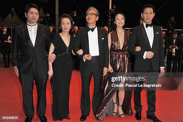 Actor Jason Chae, actress Youn Yuh-Jung, director Im Sang-Soo with Jeon Do-Youn and actor Lee Jung-Jae attends 'The Housemaid' Premiere at the Palais...