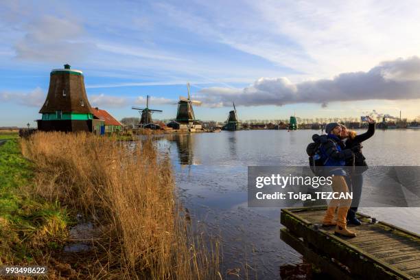 molino de viento en zaanse schans, países bajos - molinos de zaandam fotografías e imágenes de stock