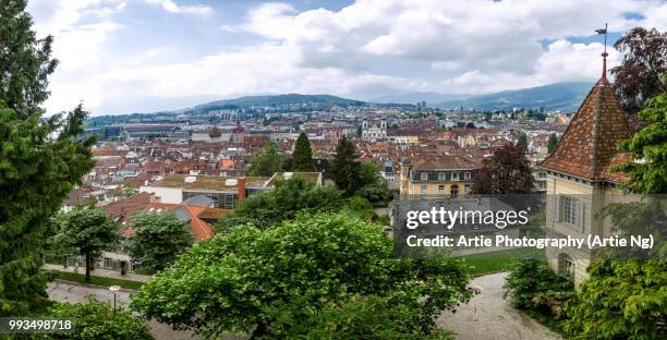 view of lucerne from old city wall, switzerland - kapellbrücke stock-fotos und bilder