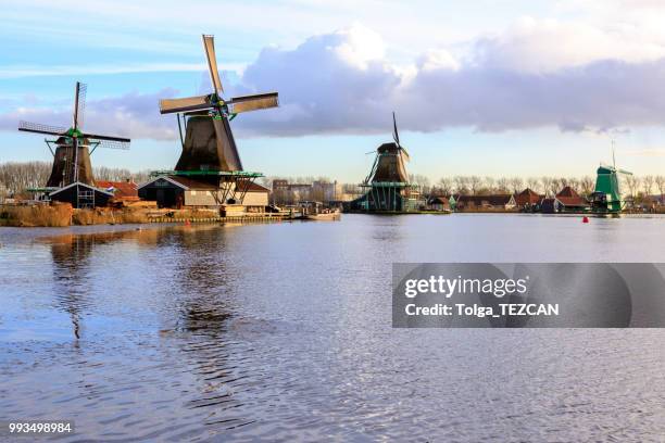 molino de viento en zaanse schans, países bajos - molinos de zaandam fotografías e imágenes de stock