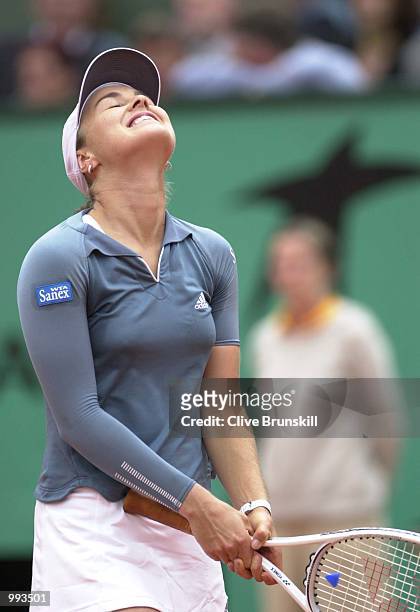 Dejected Martina Hingis of Switzerland after losing her Semi final match against Jennifer Capriati of the USA during the French Open Tennis at Roland...