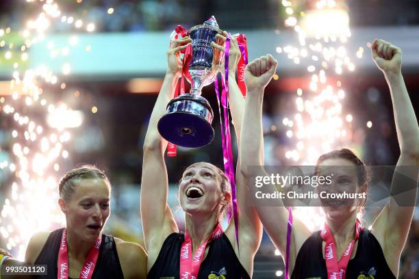 Hannah Knights of Wasps lifts the trophy during the Vitality Netball Superleague Grand Final between Loughborough Lightning and Wasps at Copper Box...