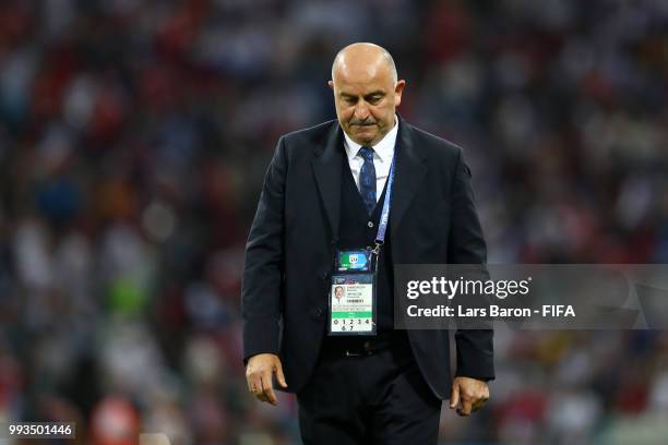Stanislav Cherchesov, Head Coach of Russia reacts during the 2018 FIFA World Cup Russia Quarter Final match between Russia and Croatia at Fisht...
