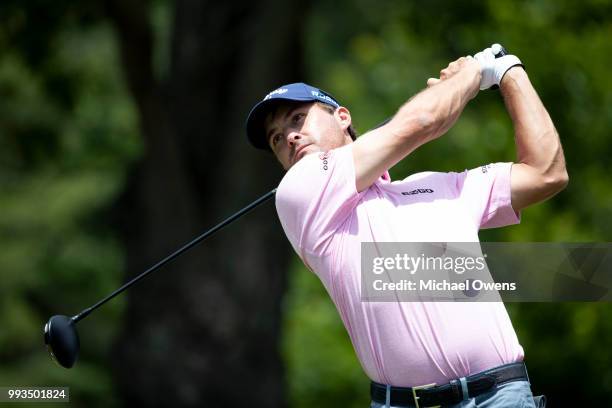 Kevin Kisner tees off the 12th hole during round three of A Military Tribute At The Greenbrier held at the Old White TPC course on July 7, 2018 in...