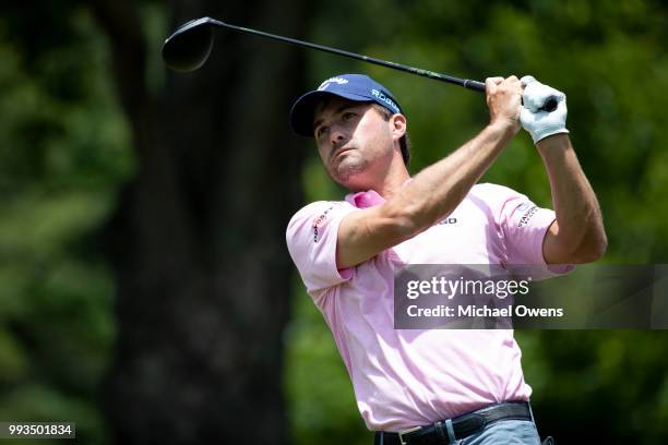 Kevin Kisner tees off the 12th hole during round three of A Military Tribute At The Greenbrier held at the Old White TPC course on July 7, 2018 in...