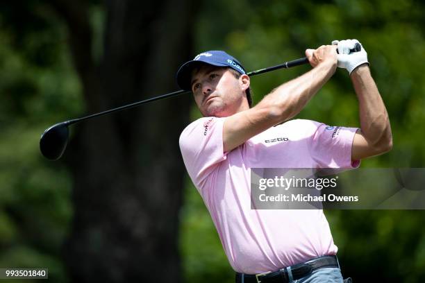 Kevin Kisner tees off the 12th hole during round three of A Military Tribute At The Greenbrier held at the Old White TPC course on July 7, 2018 in...