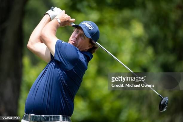 Phil Mickelson tees off the 12th hole during round three of A Military Tribute At The Greenbrier held at the Old White TPC course on July 7, 2018 in...
