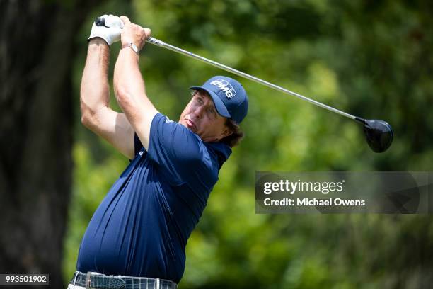 Phil Mickelson tees off the 12th hole during round three of A Military Tribute At The Greenbrier held at the Old White TPC course on July 7, 2018 in...