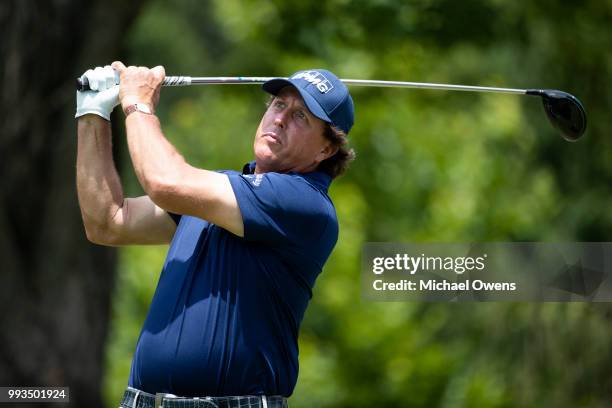 Phil Mickelson tees off the 12th hole during round three of A Military Tribute At The Greenbrier held at the Old White TPC course on July 7, 2018 in...