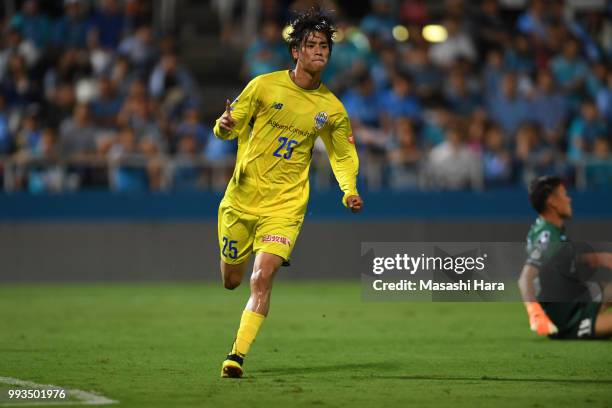 Koya Yuruki of Montedio Yamagata celebrates the first goal during the J.League J2 match between Yokohama FC and Montedio Yamagata at Nippatsu...