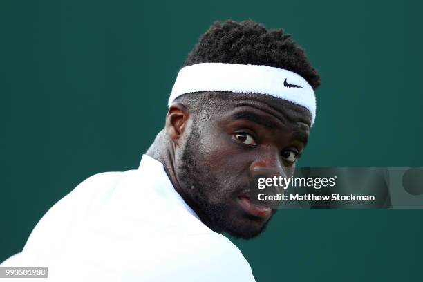 Frances Tiafoe of the United States looks on against Karen Khachanov of Russia during their Men's Singles third round match on day six of the...