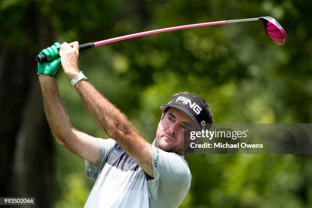 Bubba Watson tees off the 12th hole during round three of A Military Tribute At The Greenbrier held at the Old White TPC course on July 7, 2018 in...