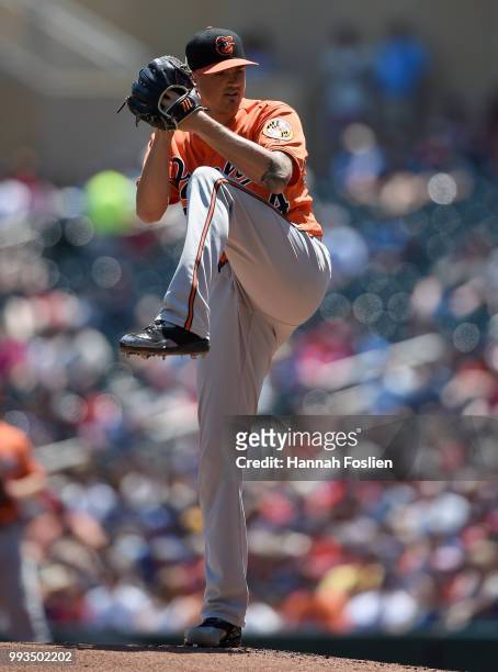 Kevin Gausman of the Baltimore Orioles delivers a pitch against the Minnesota Twins during the first inning of the game on July 7, 2018 at Target...