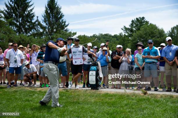 Phil Mickelson hits his second shot on the 11th hole during round three of A Military Tribute At The Greenbrier held at the Old White TPC course on...