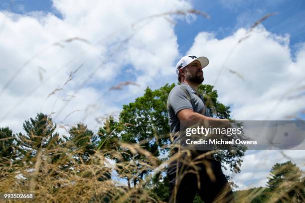 Ryan Moore walks to the 11th tee box during round three of A Military Tribute At The Greenbrier held at the Old White TPC course on July 7, 2018 in...