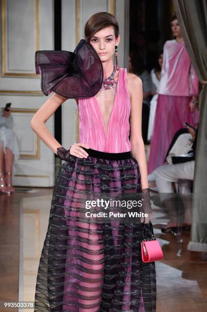 Model walks the runway during the Giorgio Armani Prive Haute Couture Fall Winter 2018/2019 show as part of Paris Fashion Week on July 3, 2018 in...