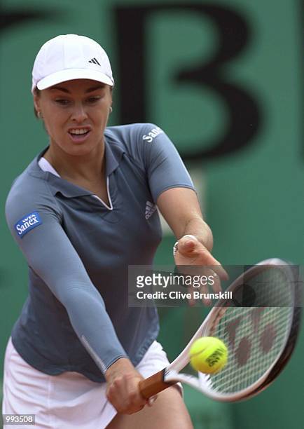 Martina Hingis of Switzerland returns in her Semi final match against Jennifer Capriati of the USA during the French Open Tennis at Roland Garros,...