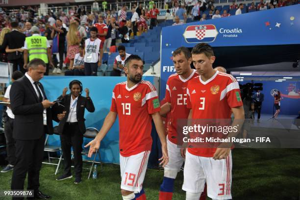 Russia players walk out for the second half during the 2018 FIFA World Cup Russia Quarter Final match between Russia and Croatia at Fisht Stadium on...